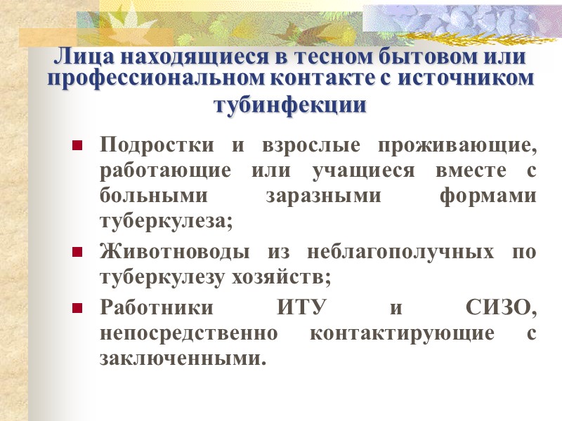 Лица находящиеся в тесном бытовом или профессиональном контакте с источником тубинфекции  Подростки и